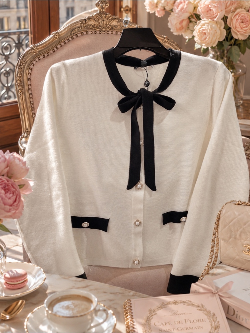 Adrianna Papell Women's Cardigan Sweater L black cream Tie Bow gift $109 MSRP